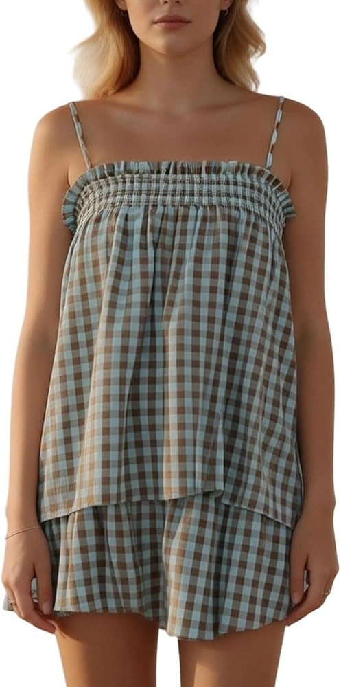Women Gingham Two Piece Set Sleeveless Babydoll Tank Top and Plaid Shorts Pajama Set Sleepwear Y2... | Amazon (US)