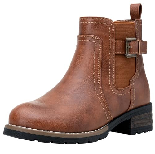 Jeossy Women's 9006 Ankle Boots Brown Short Chelsea Booties for Women Low Heel with Zip Size 11(DJY9006 Brown 11) | Amazon (US)