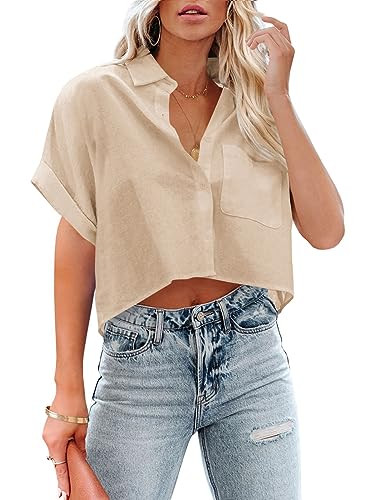 Tankaneo Womens Button Down Cropped Shirts Long Sleeve Casual Crop Tops Solid Lapel Blouse Shirt ... | Amazon (US)