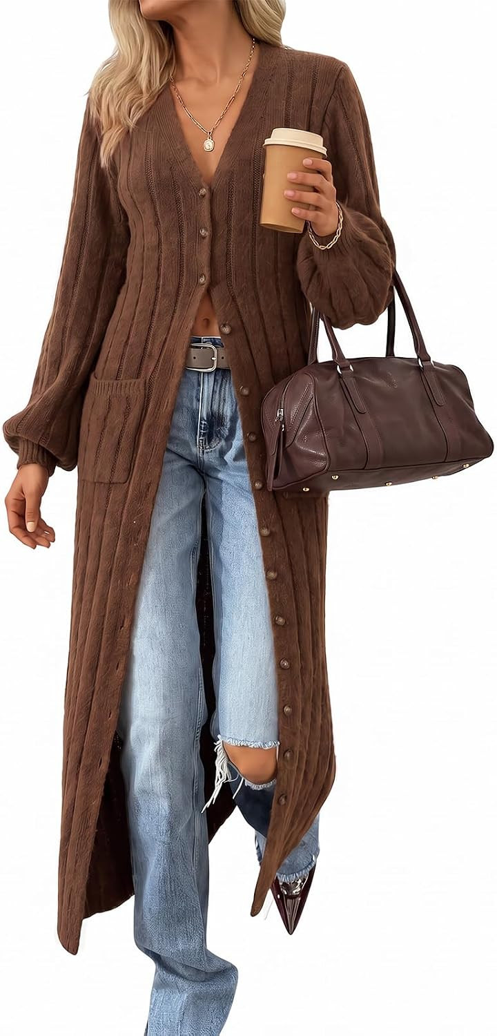 Cicy Bell Women Long Cardigan Sweaters V Neck Puff Sleeve Duster Coat | Amazon (US)