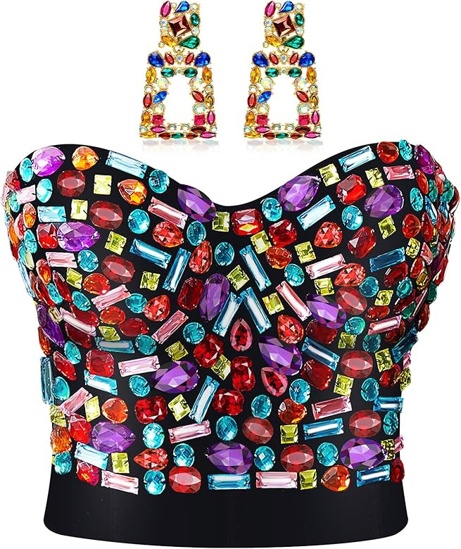 Rhinestone Push up Bra Clubwear Colorful Beaded Bustier Crop Top Bra Crystal Rectangle Dangle Ear... | Amazon (CA)