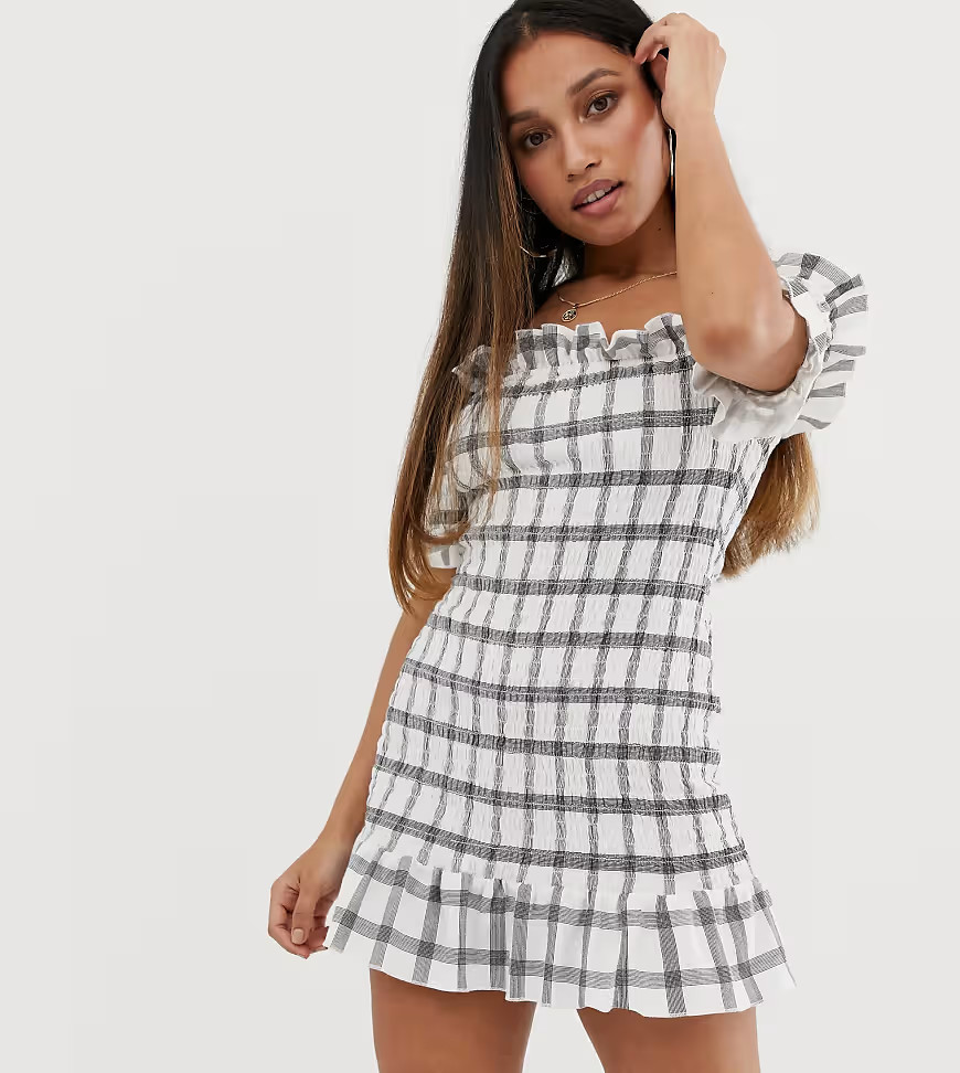 ASOS DESIGN Petite off shoulder check shirred sundress-Multi | ASOS (Global)
