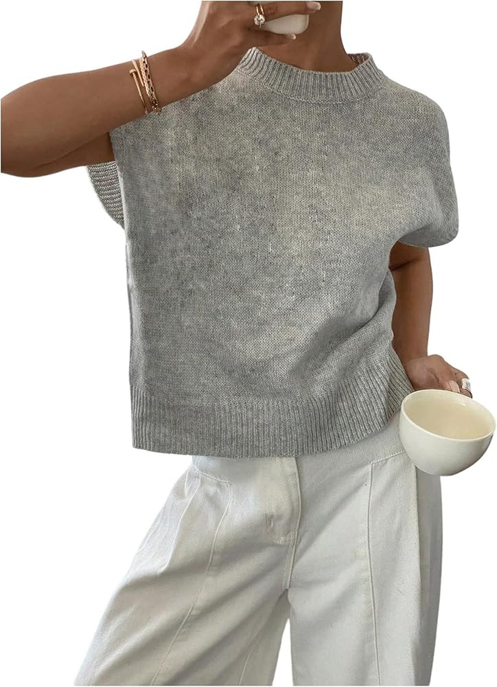 SOLY HUX Women's Ribbed Sweater Vest Crew Neck Short Sleeve Knit Pullover Casual Fall Tops | Amazon (CA)