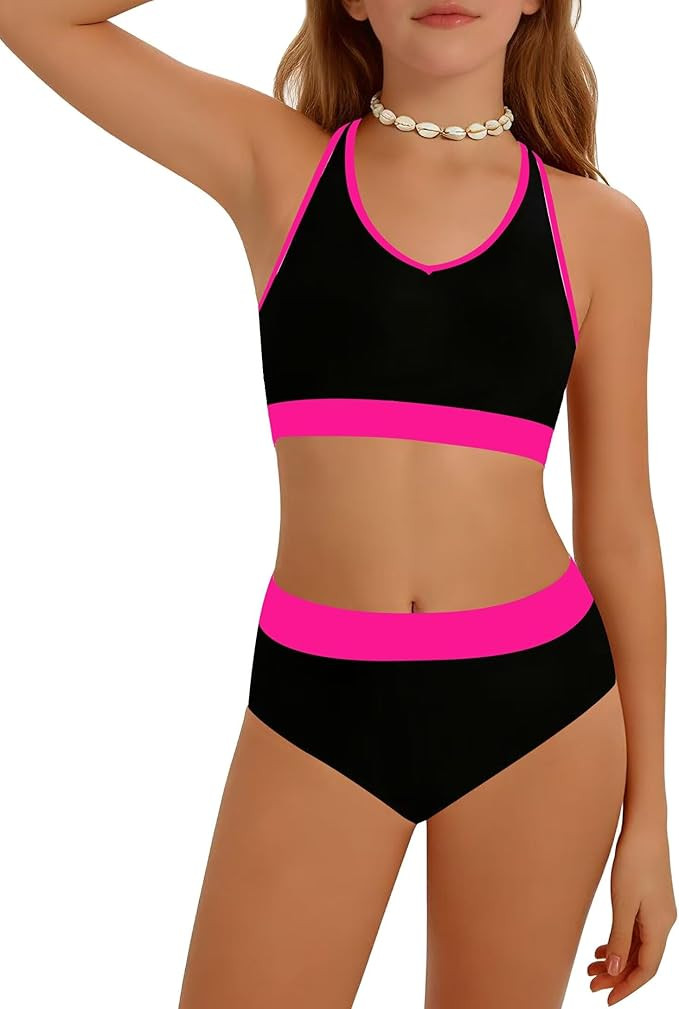 Girls Swimsuit Color-Block High Waist Sporty Sets Girls Two Piece Bathing Suit with Chest Pad Swi... | Amazon (US)