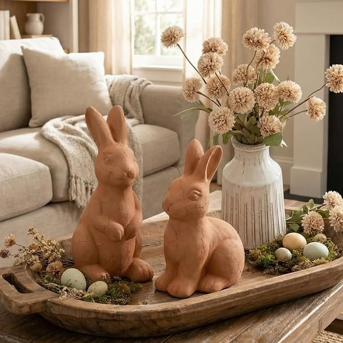 2 Pcs Easter Terracotta Bunny Figurines Decorations Handmade Rustic Rabbit Statues Easter Vintage... | Amazon (US)