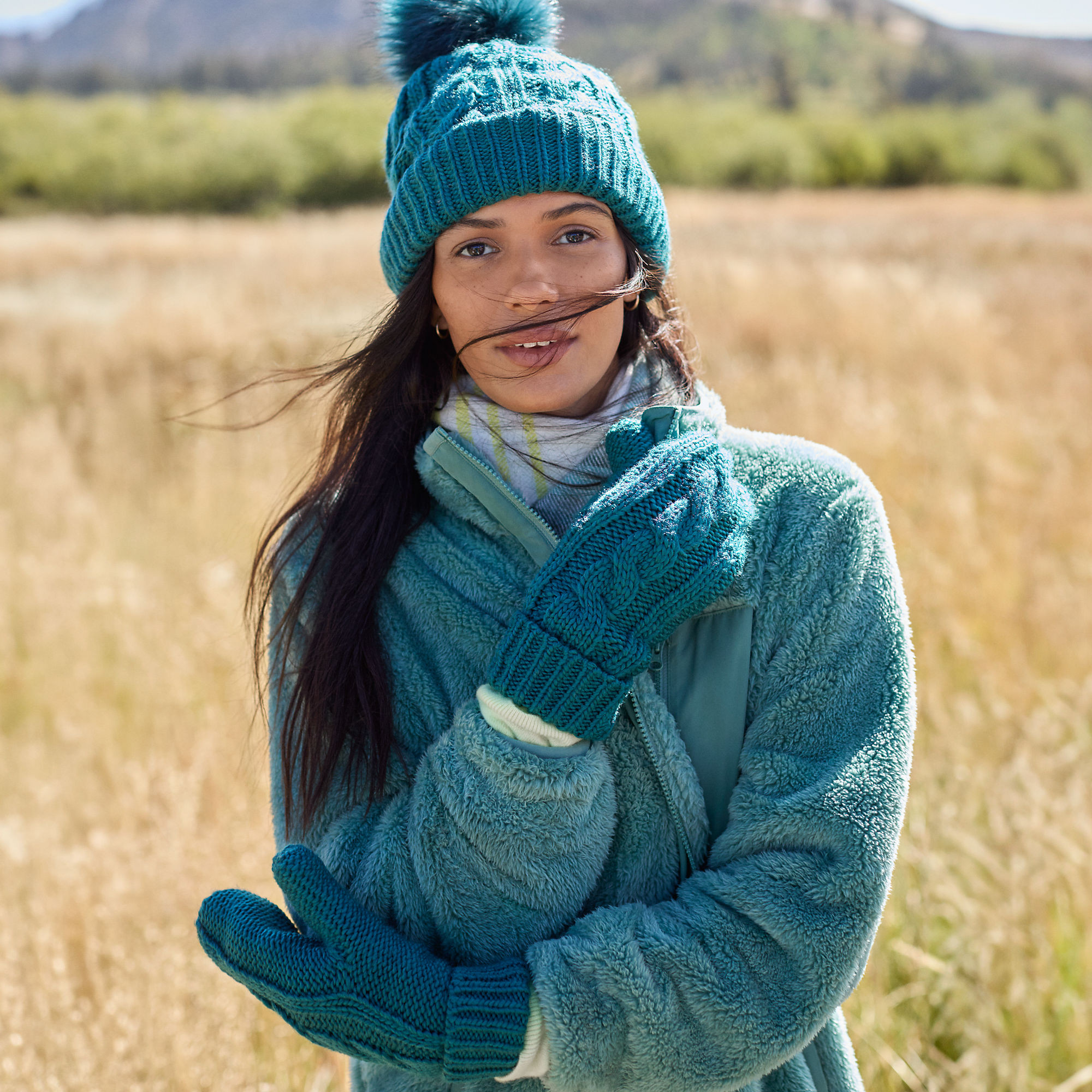 Women's Removable Pom Beanie and Mitten Gift Set | Lands' End (US)