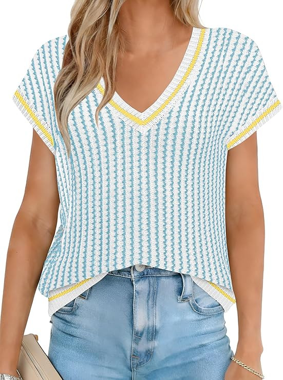 Womes Summer Tops Casual V Neck Short Sleeve Striped Shirts Loose Fit Knit Pullover Sweater Blous... | Amazon (US)