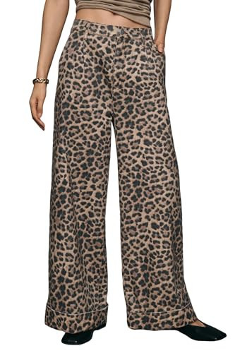LifeShe Wide Leg Leopard Jeans for Woman Mid Rise Baggy Cuffed Jeans Cheetah Print Barrel Denim Pants | Amazon (US)