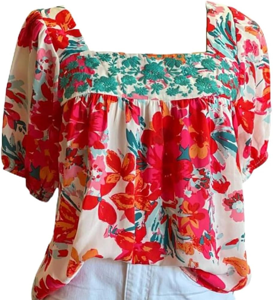 Chvity Boho Floral Embroidered Top for Women Vintage Pattern Ruffle Short Sleeve Fashion Summer B... | Amazon (US)