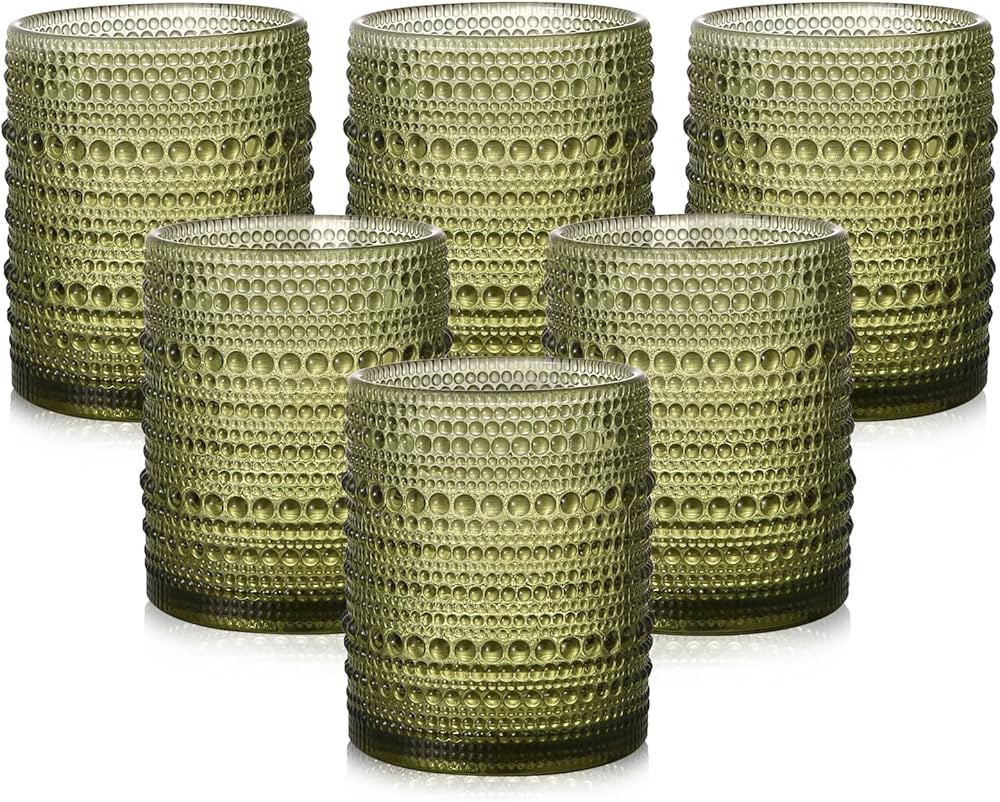 Vintage Glassware Drinking Glasses Set of 6,12 oz Hobnail Glass Cups,Embossed Green Water Tumbler... | Amazon (US)
