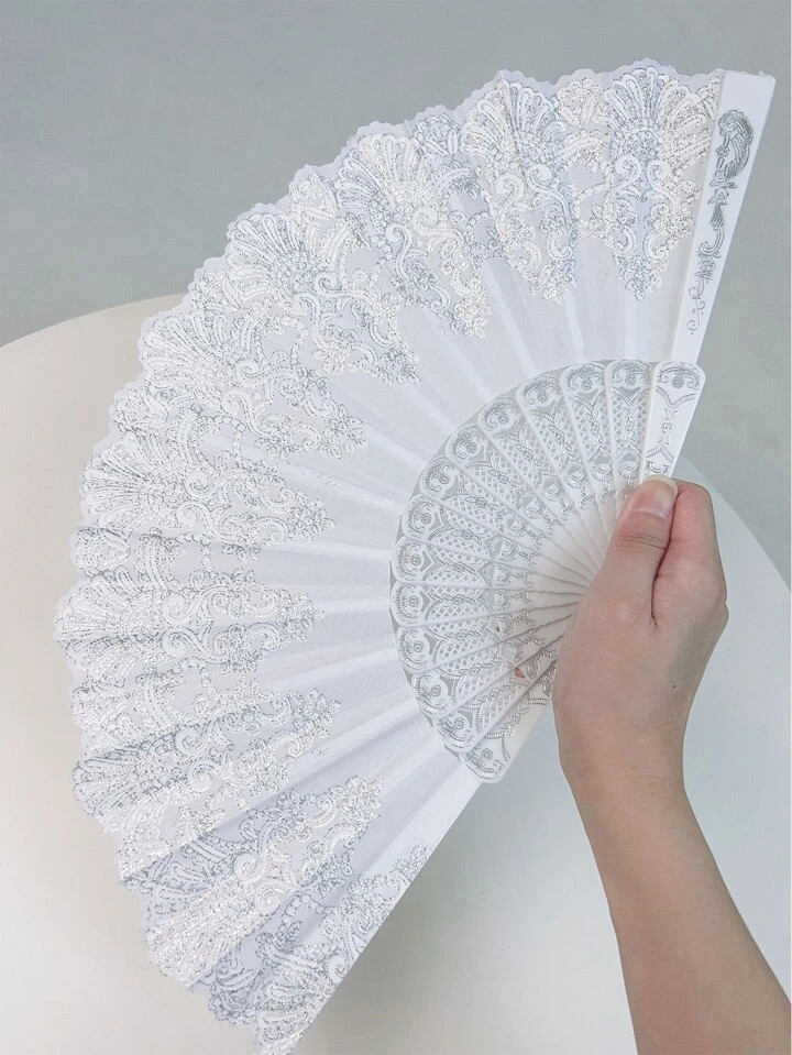 1pc White Folding Fan For Women, Decorated With Silver Floral Print, Ideal For Dancing And Fashio... | SHEIN