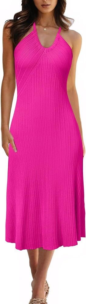 Arach&Cloz Women's Summer Dress 2025 Halter V Neck Sleeveless Ribbed Knit Casual Beach Vacation O... | Amazon (US)