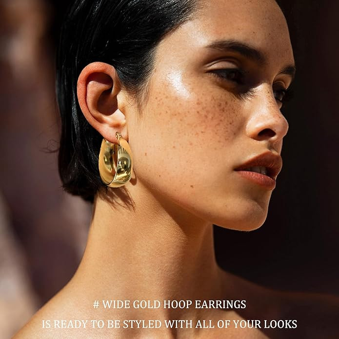 EXGOX Gold Hoop Earrings for Women Sterling Silver Post Hoops Earrings for Women Wide Thick Silve... | Amazon (US)