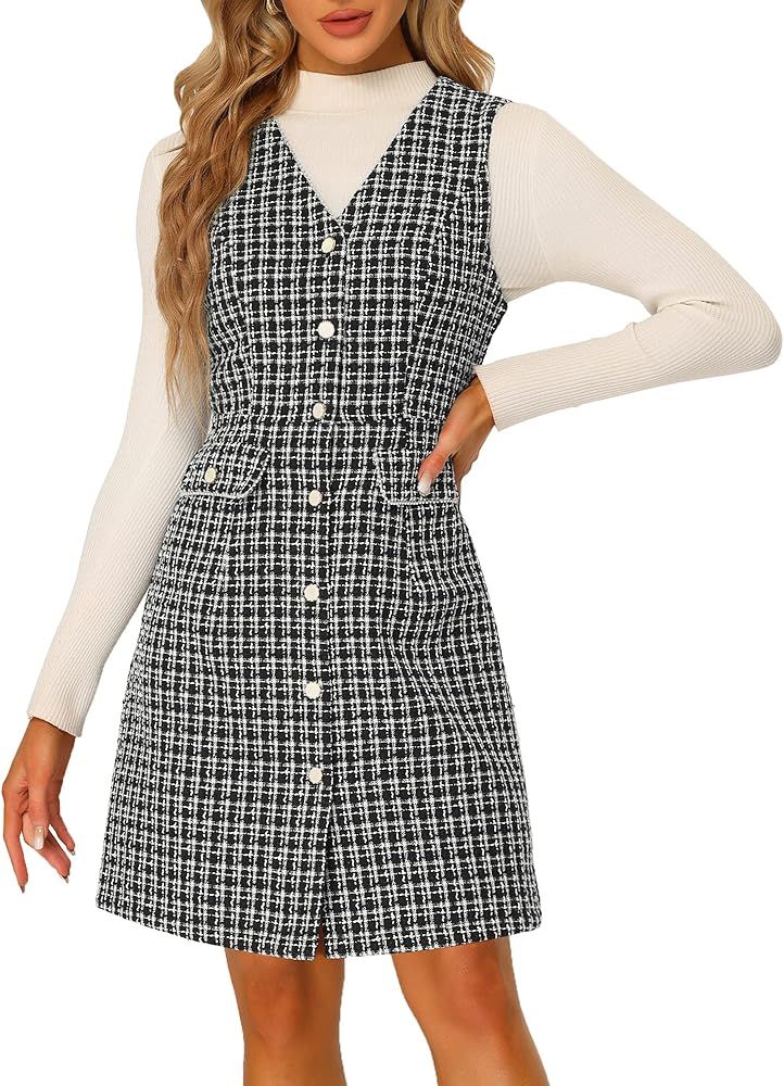 Allegra K Women's Pinafore Dress V Neck Button Down Pockets Vintage Sleeveless Plaid Tweed Dress | Amazon (US)