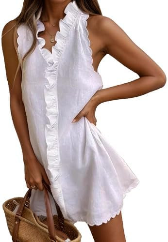 Epanus Ruffle Linen Mini Dress Women Summer Sleeveless V Neck Beach Sundress Vacation Casual Loos... | Amazon (US)