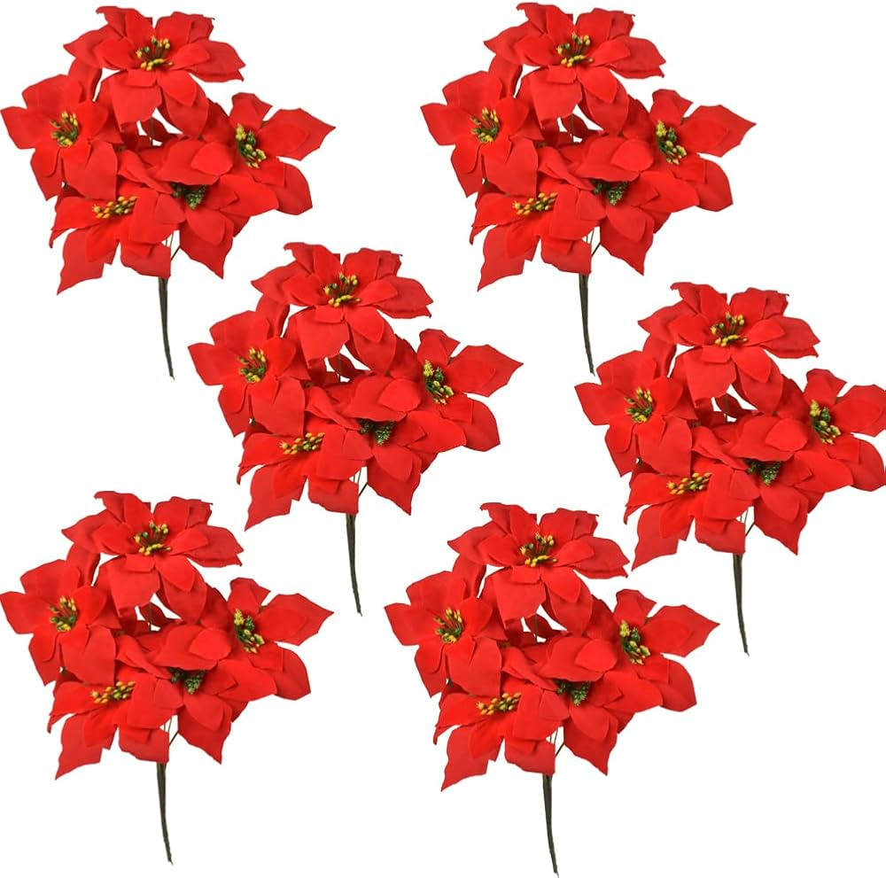 WISTART Christmas Artificial Poinsettia Flowers 6Pack Silk Red Poinsettia Artificial Bushes Red C... | Amazon (US)