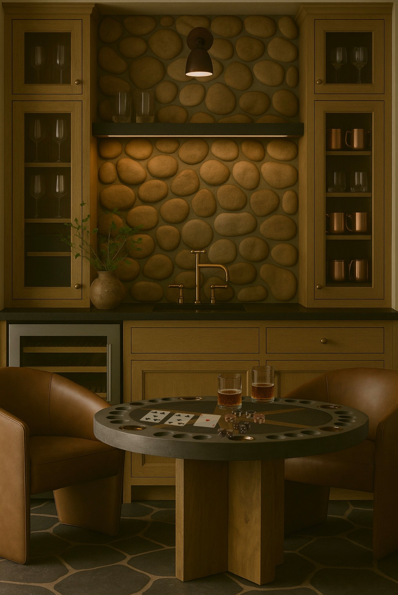 Because sometimes all it takes is one piece to inspire an entire space. In this case? This transitional-style poker table. Sleek, sculptural, and unexpected—it was the spark behind this cozy game room and bar setup.
The table itself blends wood and iron, with carved drink + chip holders that make hosting feel both elevated and effortless. It’s as functional as it is beautiful.

#gameroomdesign #transitionalstyle
#interiorinspo #barandgameroom
#ltkhome #ltkinterior #homebarideas
#designinspo #masculinedesign
#elevatedentertaining

#LTKHome