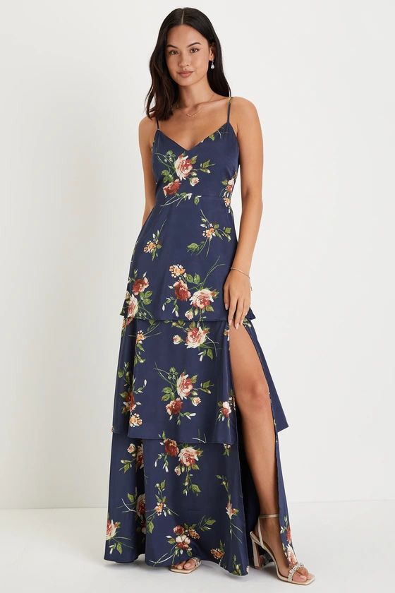 Endless Optimism Navy Blue Floral Print Satin Tiered Maxi Dress | Lulus (US)