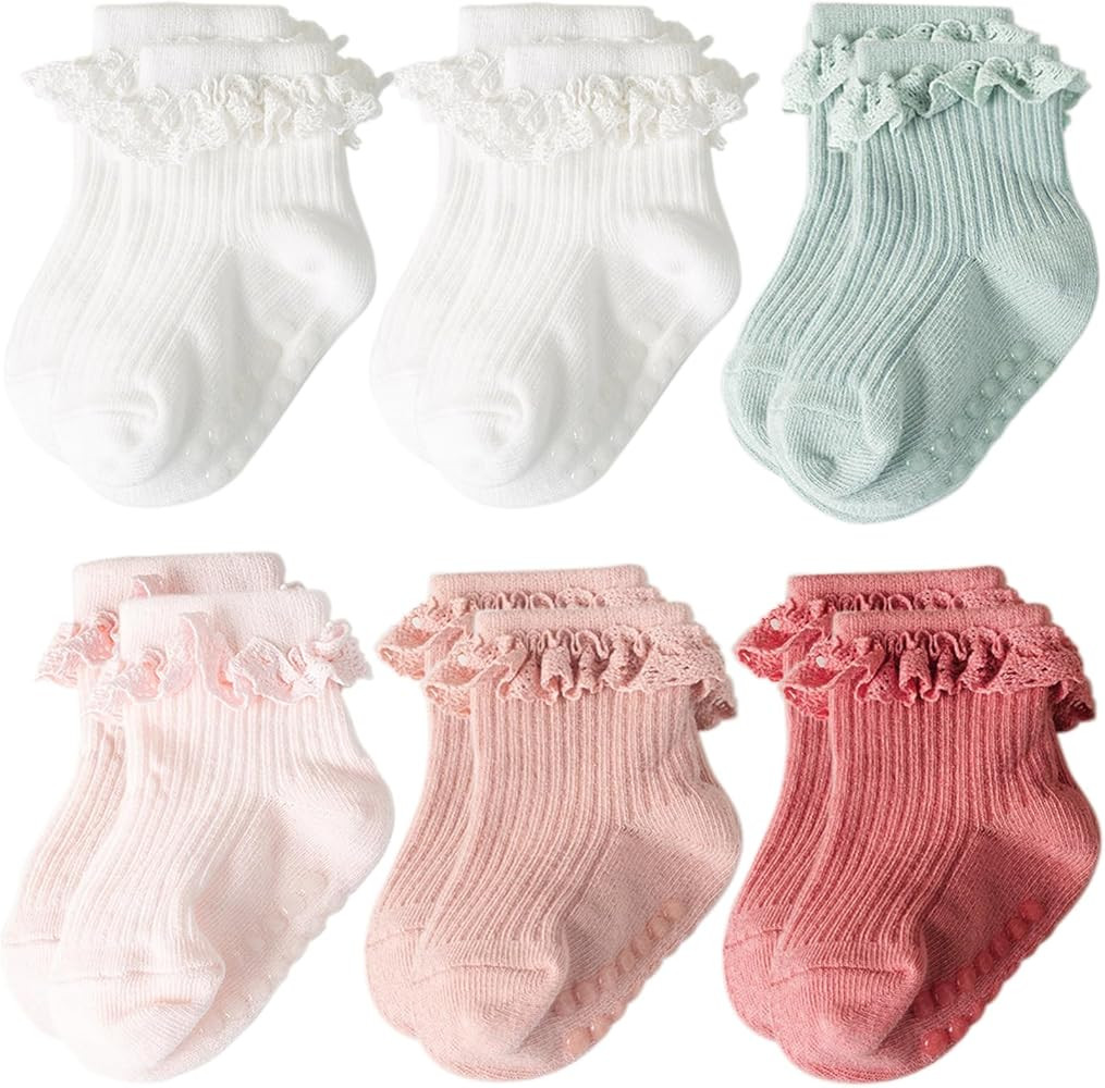AQOKKA Baby Girl Toddlers Socks with Non-slip Grip Cute Frilly Ruffle Ankle Soft Cotton Newborn B... | Amazon (US)