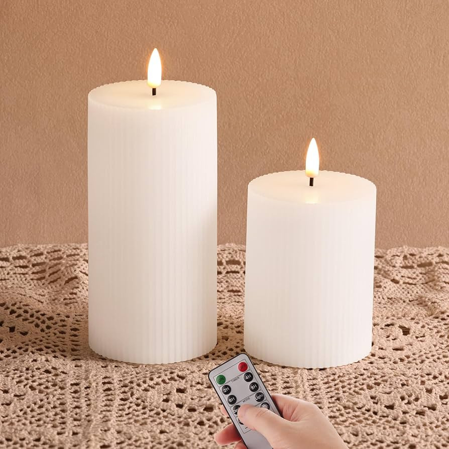 White Ribbed Flameless Pillar Candles with Remote, Flickering LED Wax Candles Battery Operated Se... | Amazon (US)