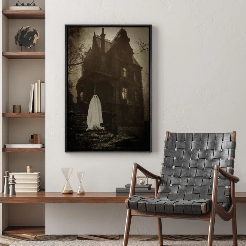 Moody Skull " Ghost In Front Of Haunted House Moody Dark Illustrations Modern Art Work Decor " | Wayfair North America