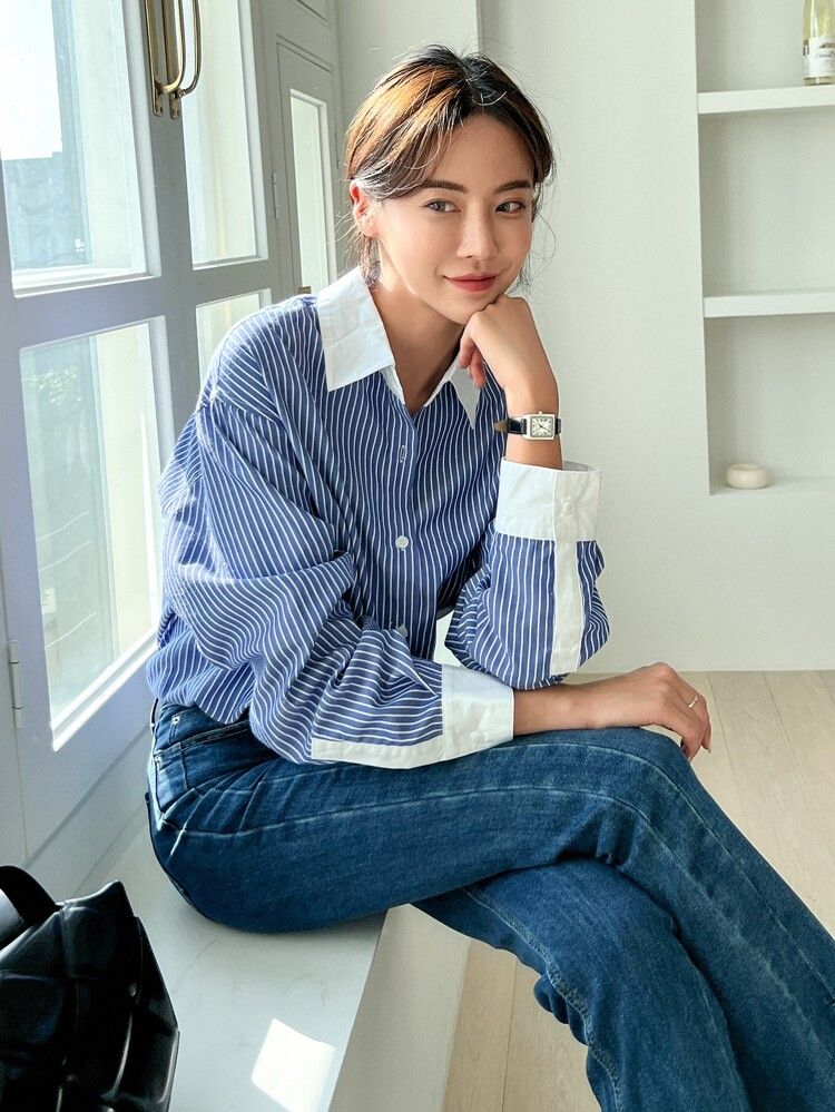 DAZY Striped Print Contrast Collar Shirt | SHEIN