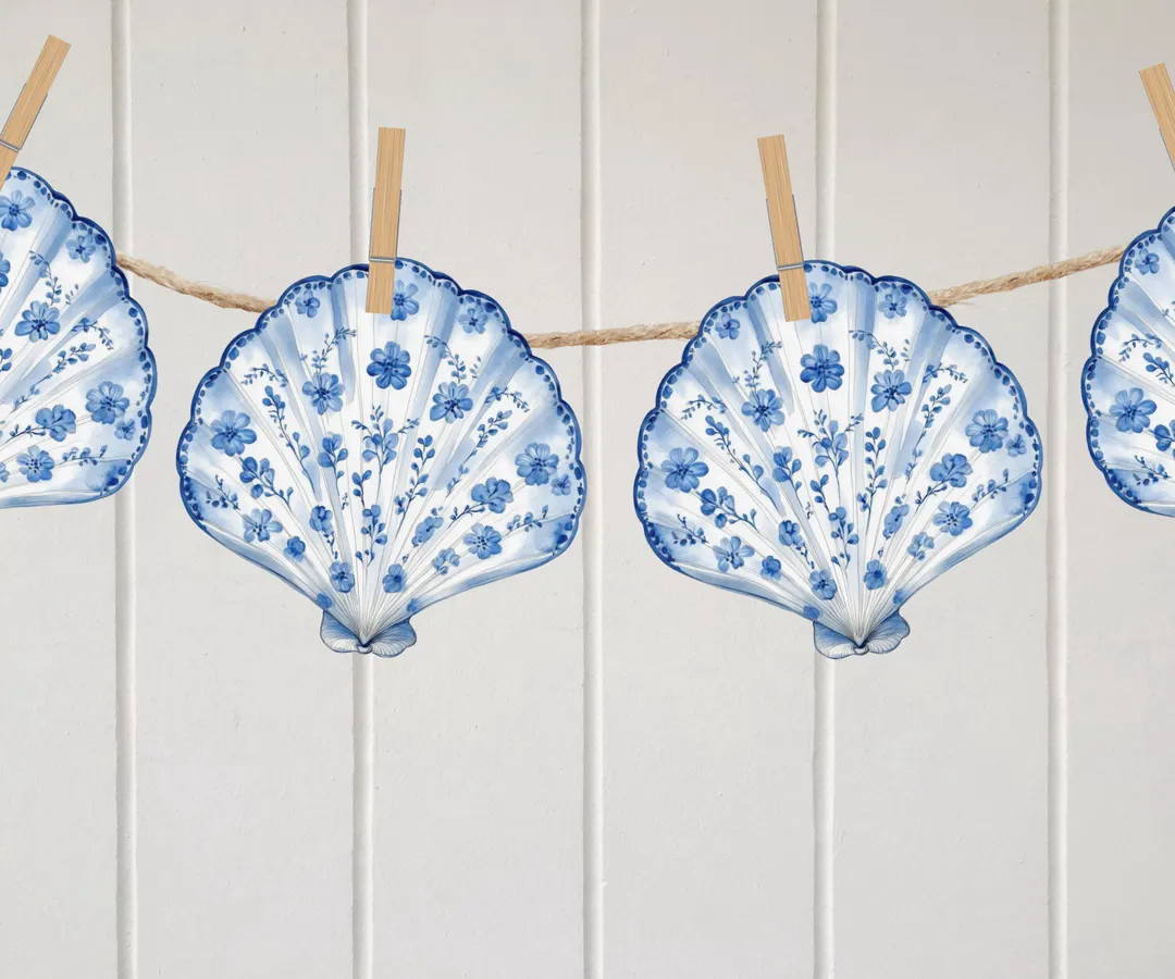 Blue and White Chinoiserie Shell Banner, Seashells and Wedding Bells Theme, Beach Bachelorette, C... | Etsy (US)