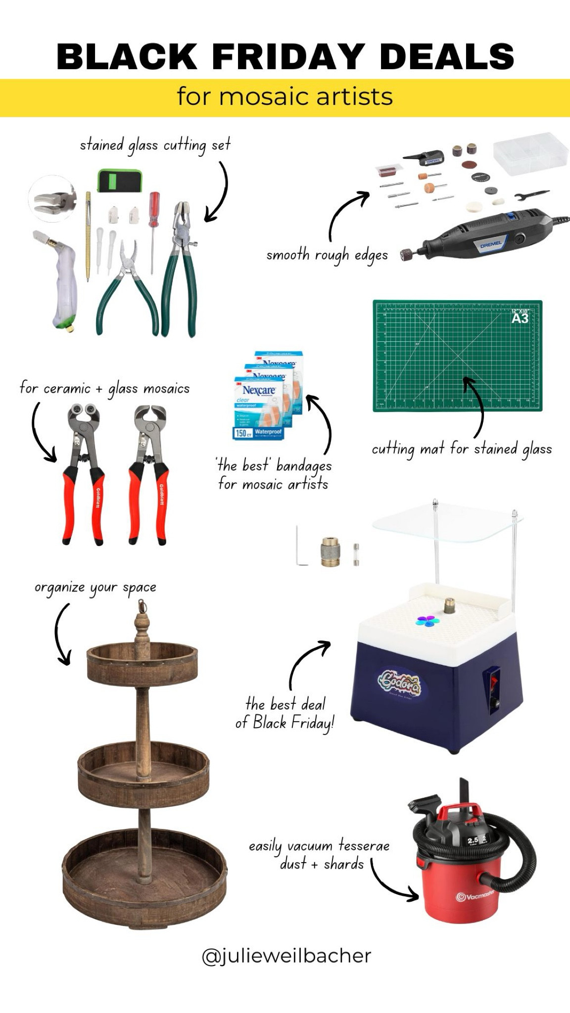 Sharing Black Friday deals for mosaic and stained glass artists. 🎨 For mosaic tips, tutorials, inspiration, and so much more please visit my YouTube channel: YouTube.com/julieweilbacher. Follow @julieweilbacher on Instagram for all things mosaic art. stained glass - mosaic - glass cutter set - gifts for her - gifts for crafters - mosaics - 3 tier decorative storage trays - Dremel - Black Friday deals - small wet/dry vac

#LTKGiftGuide #LTKCyberWeek #LTKHome