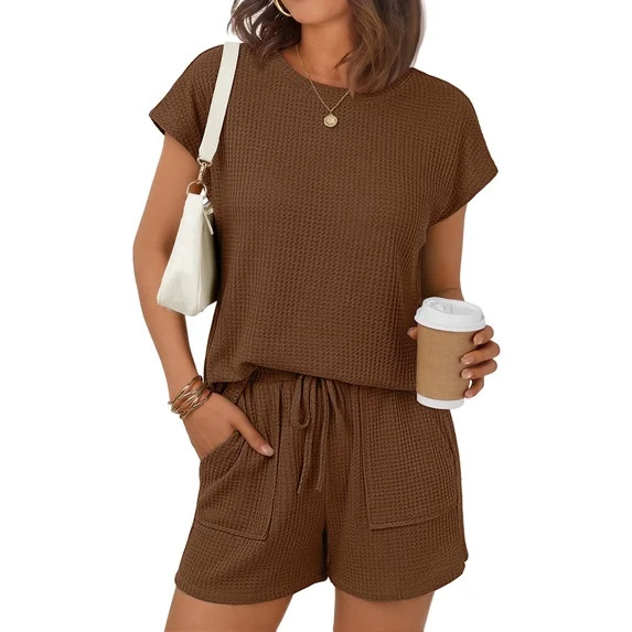 SUNBS Two Piece Outfits Lounge Sets Womens Crew Neck Sweat Suit Short Cap Waffle-Knit Sleeve Draw... | Walmart (US)