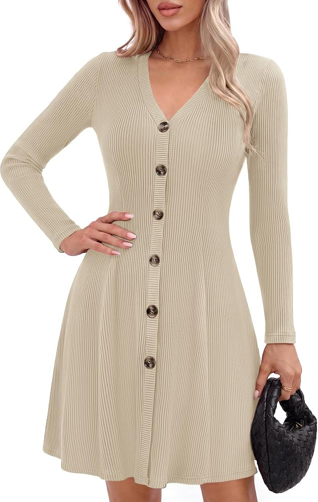 GRACE KARIN 2026 Women's V-Neck Ribbed Knit A-Line Mini Fall Sweater Dress | Amazon (US)