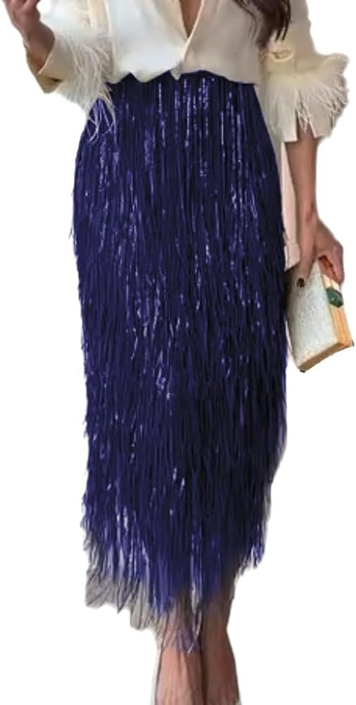 Wuitrie Skirts for Women Sequin Fringe Midi Skirt Party Fall Winter Outfits | Amazon (US)