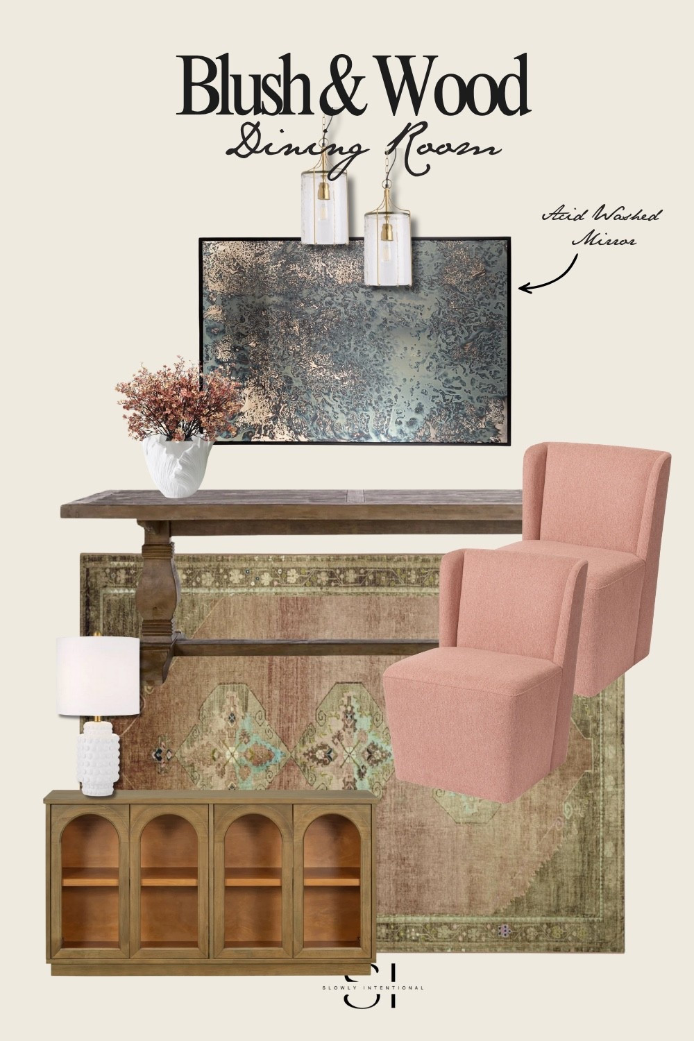 Okay but can we talk about this color moment? I’m loving the combo of earthy tones and soft blush seating in this dining nook setup. The arched cabinet adds just the right amount of vintage charm, the weathered wood table gives rustic warmth, and the distressed rug ties it all together like it’s been collected over time. Perfect if you’re into organic modern style, vintage-inspired rugs, and warm, inviting spaces that don’t feel too precious. Bonus: those pendant lights are giving elevated antique shop energy—and I’m not mad about it.


#LTKHome