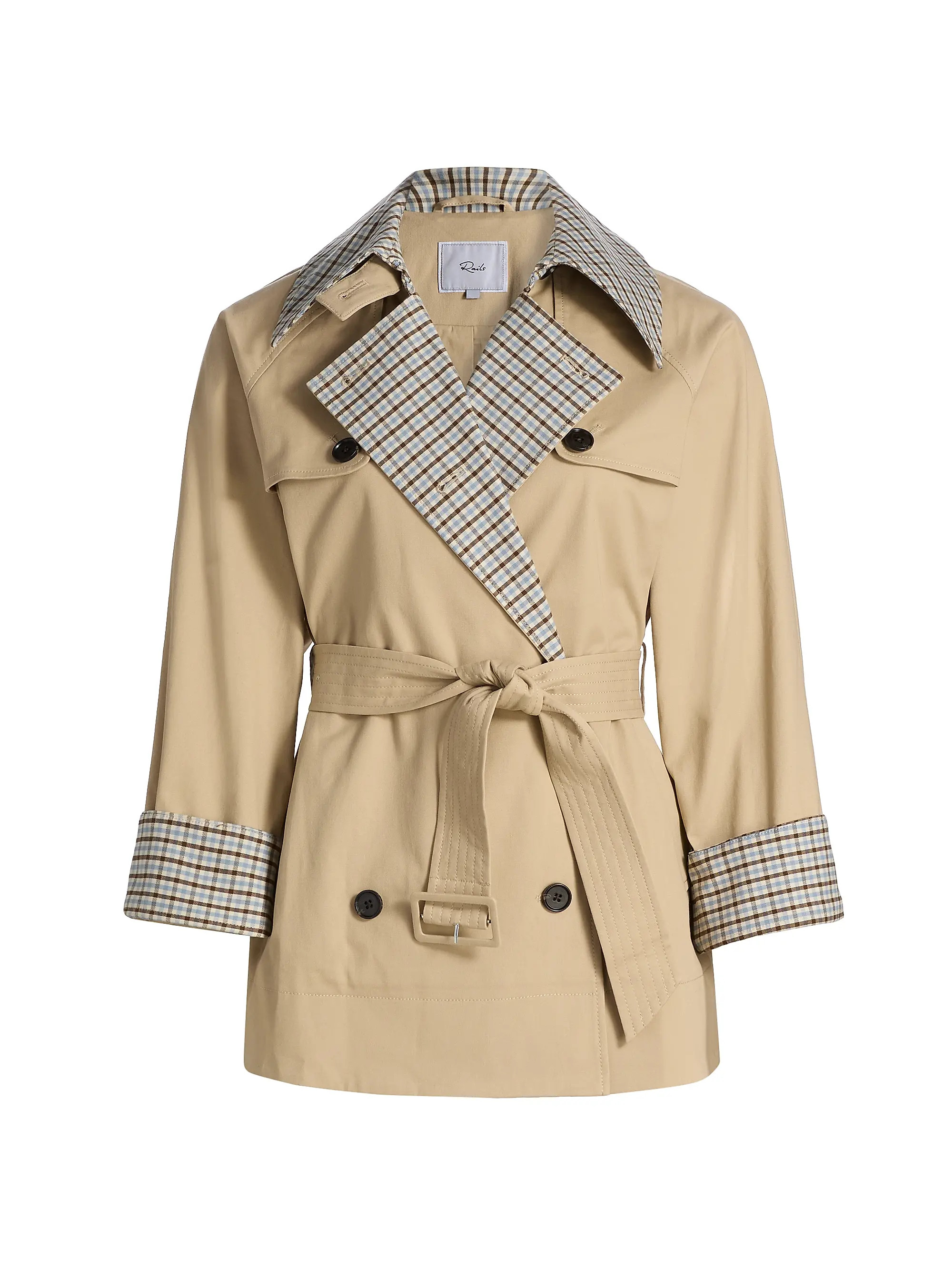 Lucien Plaid-Trim Stretch-Cotton Crop Trench Coat | Saks Fifth Avenue