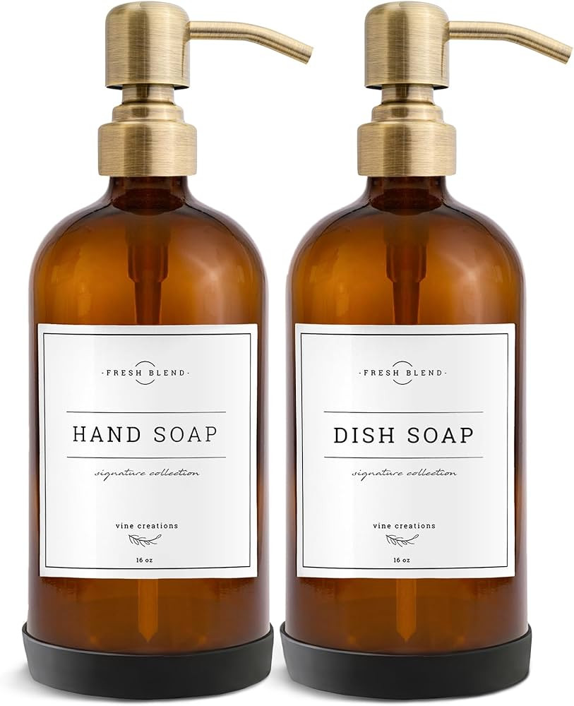 Vine Creations Amber Glass Soap Dispenser, 2 Pack Kitchen Soap Dispenser Set with Stainless Steel... | Amazon (US)