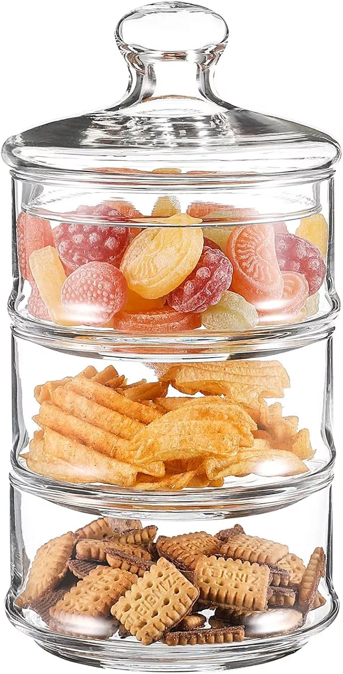 3 Tier Apothecary Glass Stacking Jars, Round Candy Cookie Dessert