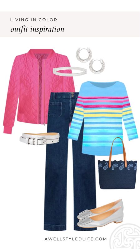 Talbots has 25% off regular priced items, and you know how much I am loving the bright spring colors! I love this striped bateau neck tee with painted stripes, and I couldn't resist adding this bright quilted bomber jacket to top it off. The bomber jacket comes in three other colors, and misses, plus and petite sizes. I chose to pair them with the wide leg trouser jeans that come in misses, petite, plus and plus petite sizes. This outfit would also look great with white jeans. I went with silver shoes and a matching belt, plus this pretty tote and silver jewelry to tie everything together. 

#fashion #fashionover50 #fashionover60 #talbots #talbotsfashion #talbotssale #springtrends #popofcolor #stripes

#LTKsalealert #LTKstyletip #LTKSpringSale