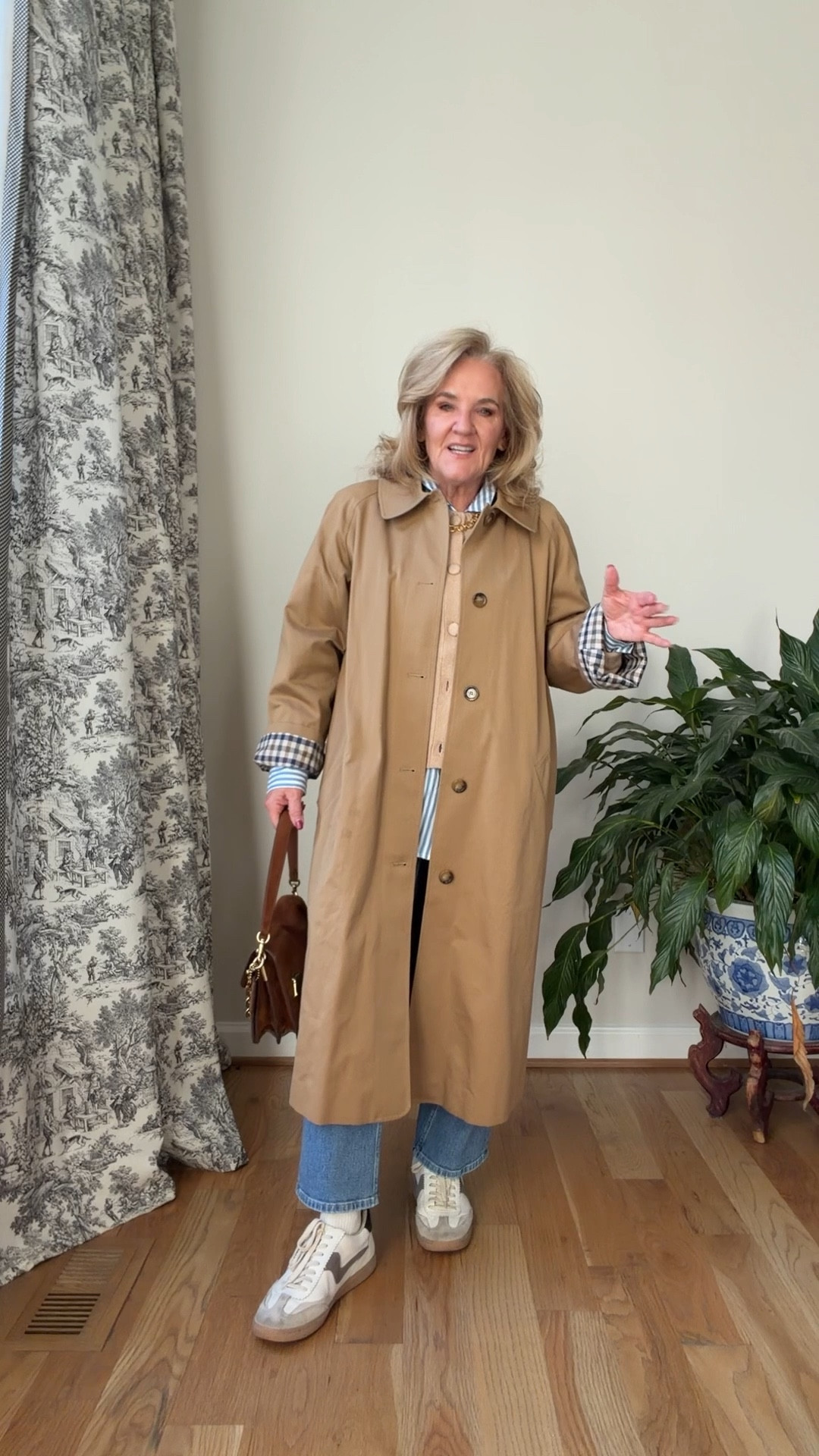 Pinterest inspired! 
Jeans size medium petite 
Blouse size medium 
Sweater size medium 
Trench coat 10 (I’ll link a few options) 
Sneakers I’ll link similar 
Get the socks! 
Spring transition outfit 

#LTKPetite #LTKSeasonal #LTKOver40