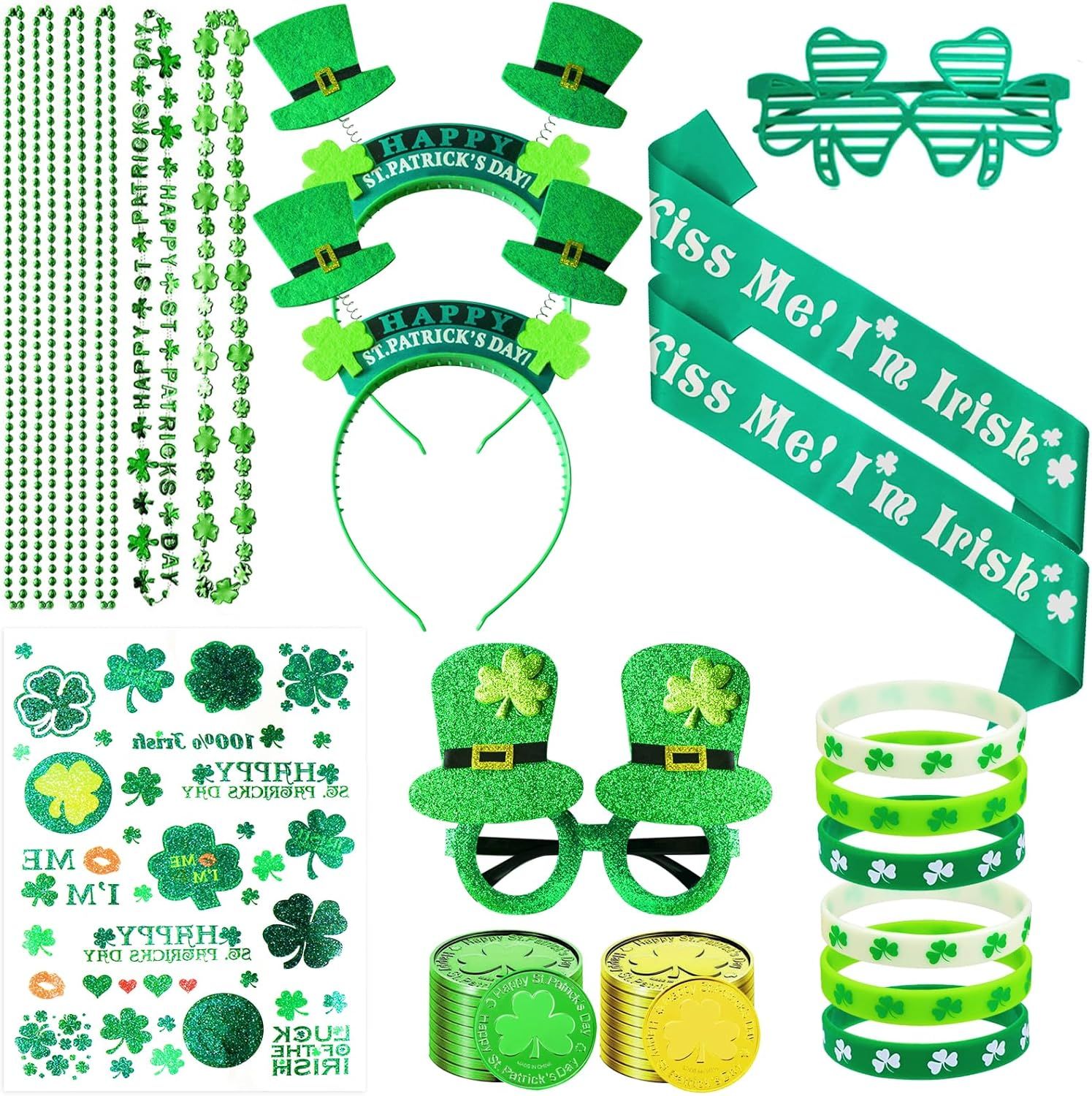 St Patricks Day Accessories Party Favors Set,Including 20 Shamrock Good Luck Coins 6 Necklace 6 B... | Amazon (US)