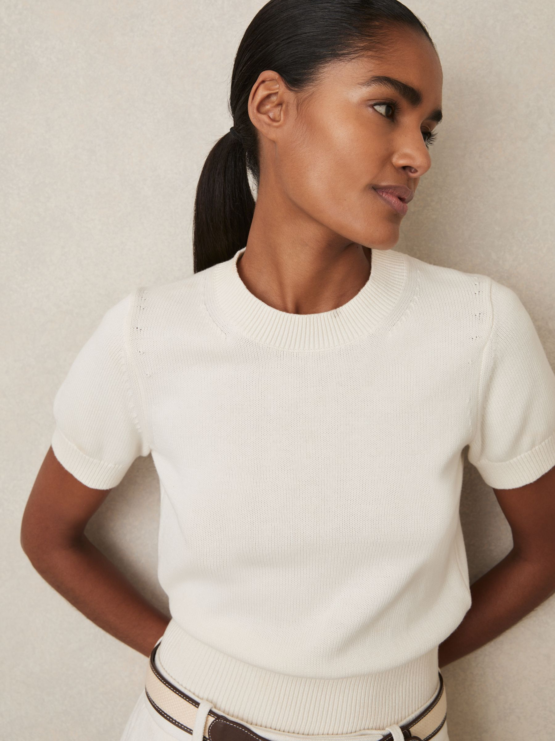 Reiss Cotton And Wool Crew-Neck Top in Ivory - REISS | Reiss UK