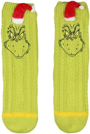 Bioworld Dr Seuss GRINCH Adult Sherpa Lined Grinch Face Santa Hat Sweater Knit Slipper Socks For ... | Amazon (US)