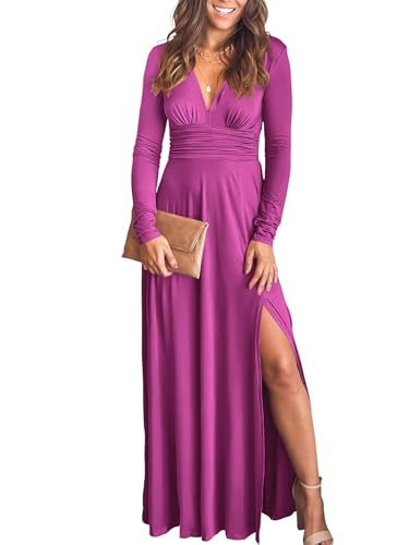 ANRABESS Women Deep V Neck Long Sleeve Slit 2025 Fall Elegant Formal Wedding Guest Cocktail Evening Date Prom Maxi Long Dress Hot Pink Small | Amazon (US)
