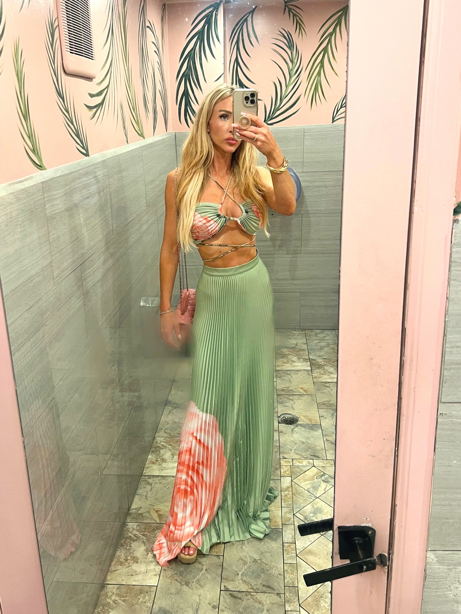 Vacation outfit maxi skirt set pleated maxi skirt green and pink rose print 
Wearing XS top and bottom 

#LTKSeasonal #LTKTravel #LTKStyleTip