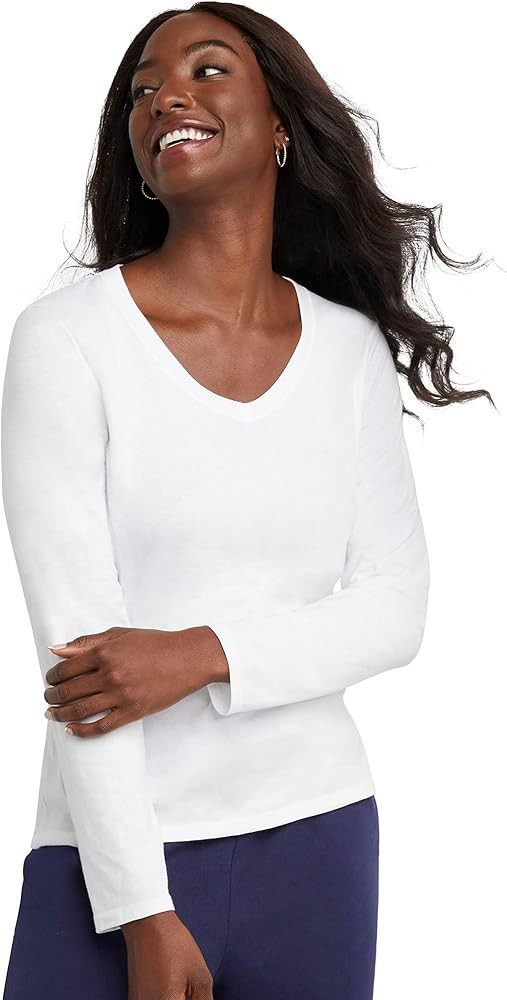 Hanes Womens Originals Long Sleeve Cotton V-Neck T-Shirt, Lightweight V-Neck Tee, Modern Fit | Amazon (US)
