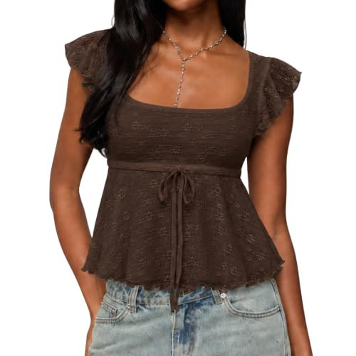 Women's Lace Babydoll Top Cute Cap Sleeve Flowy Tank Top Brown S | Amazon (US)