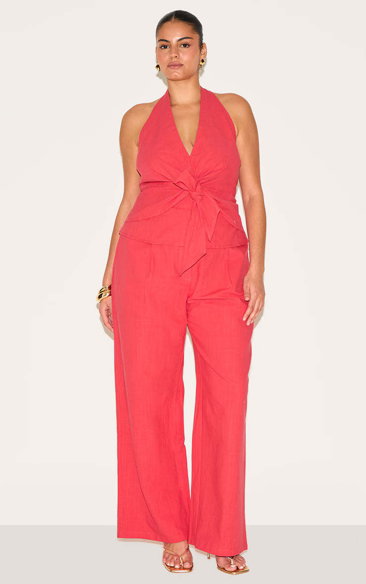 Plus Red Linen Pintuck Pant | PrettyLittleThing US