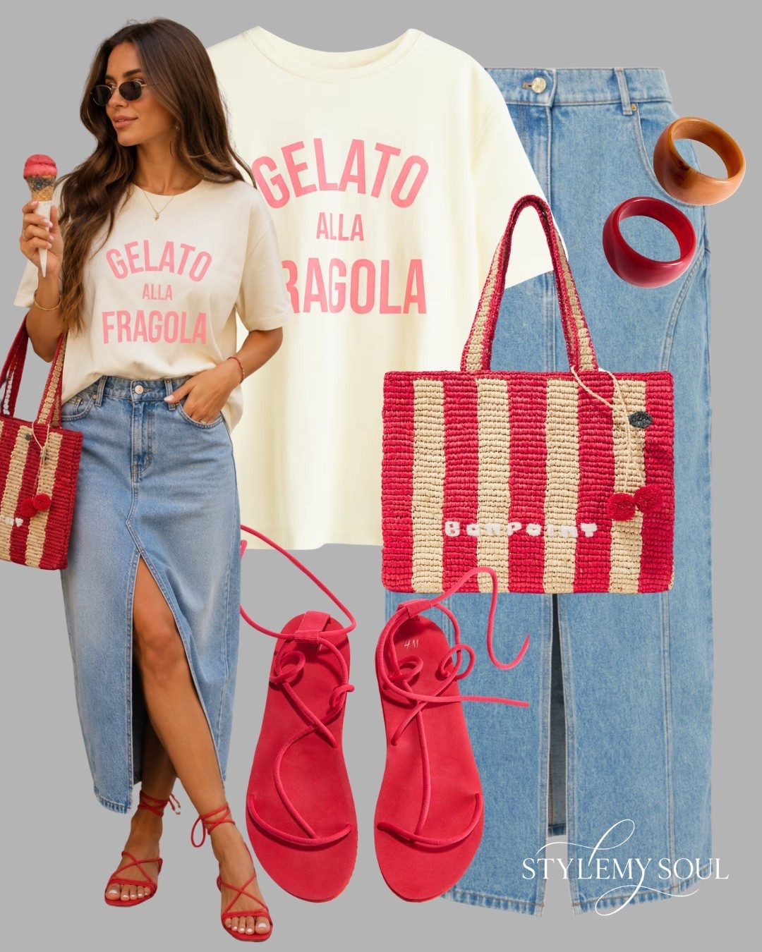 Denim skirt printed Tshirt, red sandals, red straw bag, bracelets

#LTKootd #LTKmomlife #LTKMidsize