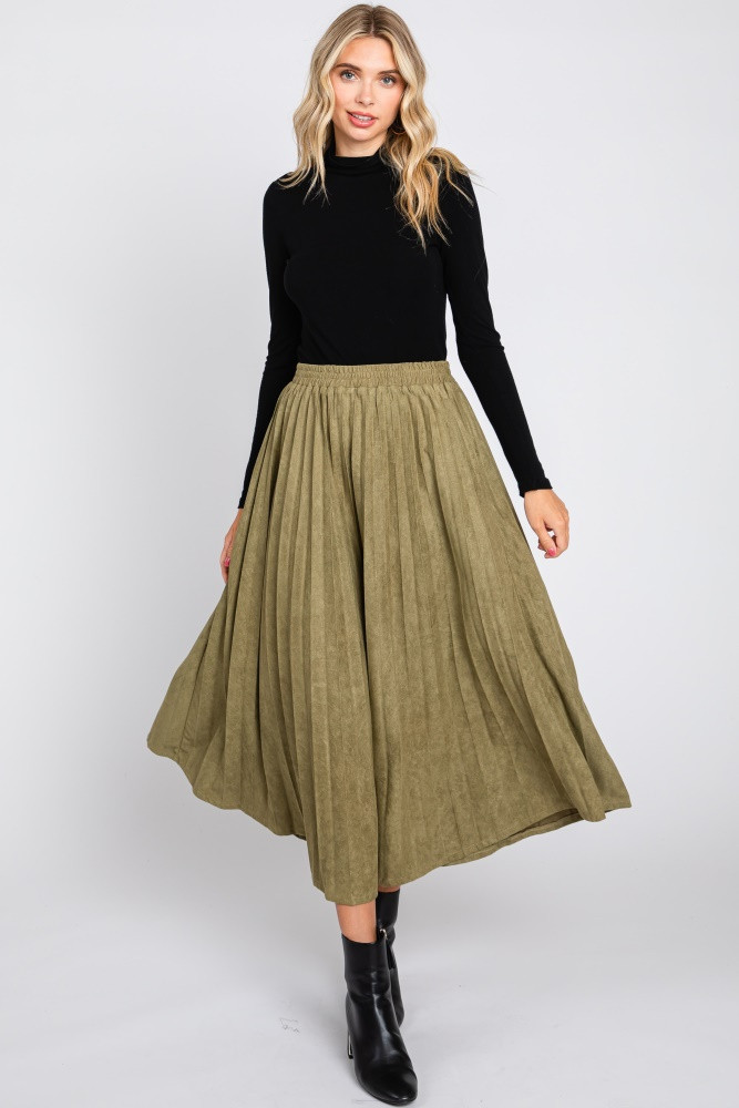 Olive Suede Pleated Midi Skirt | PinkBlush Maternity