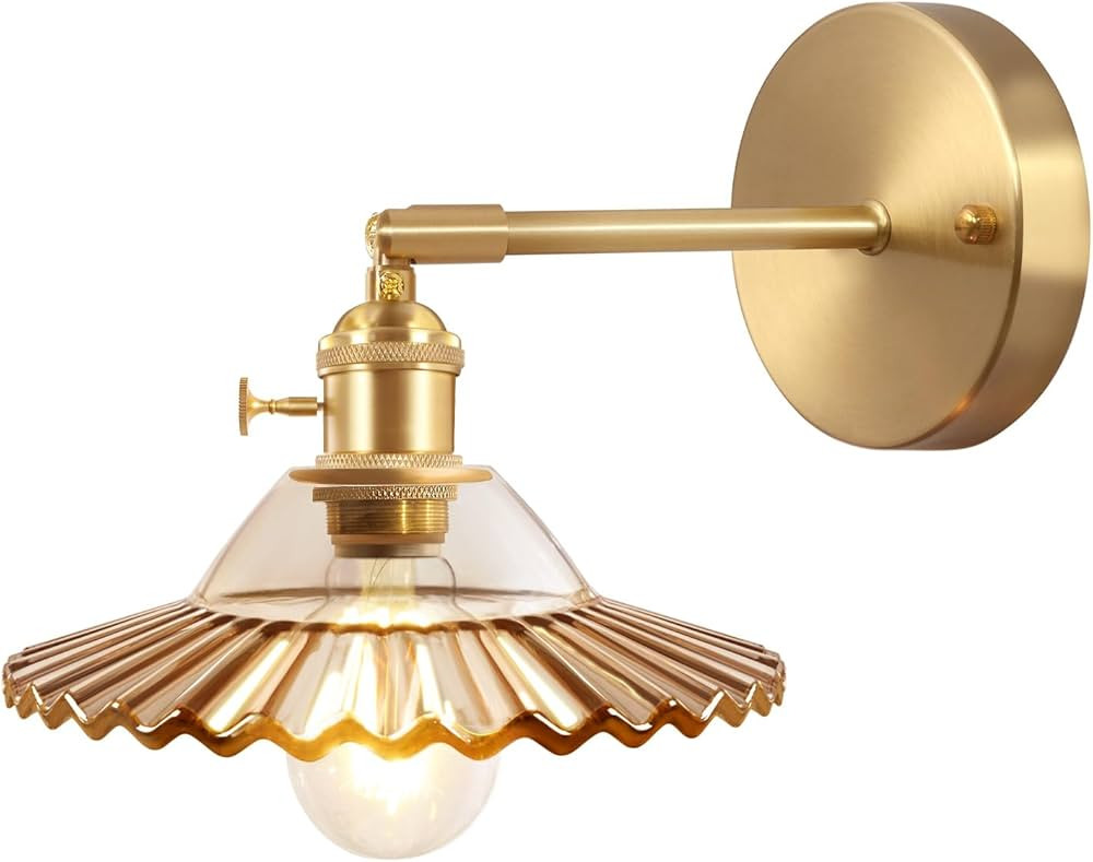 Vintage Wall Sconces with Amber Lotus Glass Lampshade 180 Degree Adjustable Brass Sconces Hradwir... | Amazon (US)