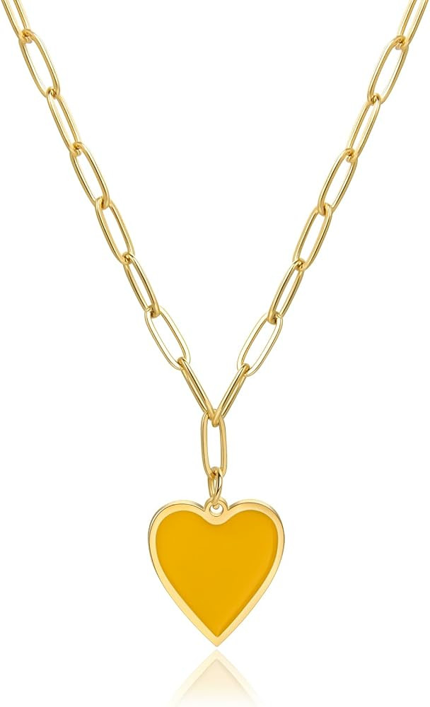 Heart Enamel Pendant Gold Plated Paperclip Chain Necklace Preppy Jewelry | Amazon (US)