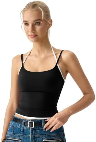 QINSEN Women's Spaghetti Strap Tank Top Slim Fitting Layered Halter Neck Sleeveless Crop Cami Shi... | Amazon (US)
